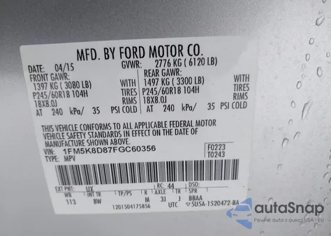 2015 Ford Explorer Xlt из США, поврежденный, VIN 1FM5K8D87FGC60356